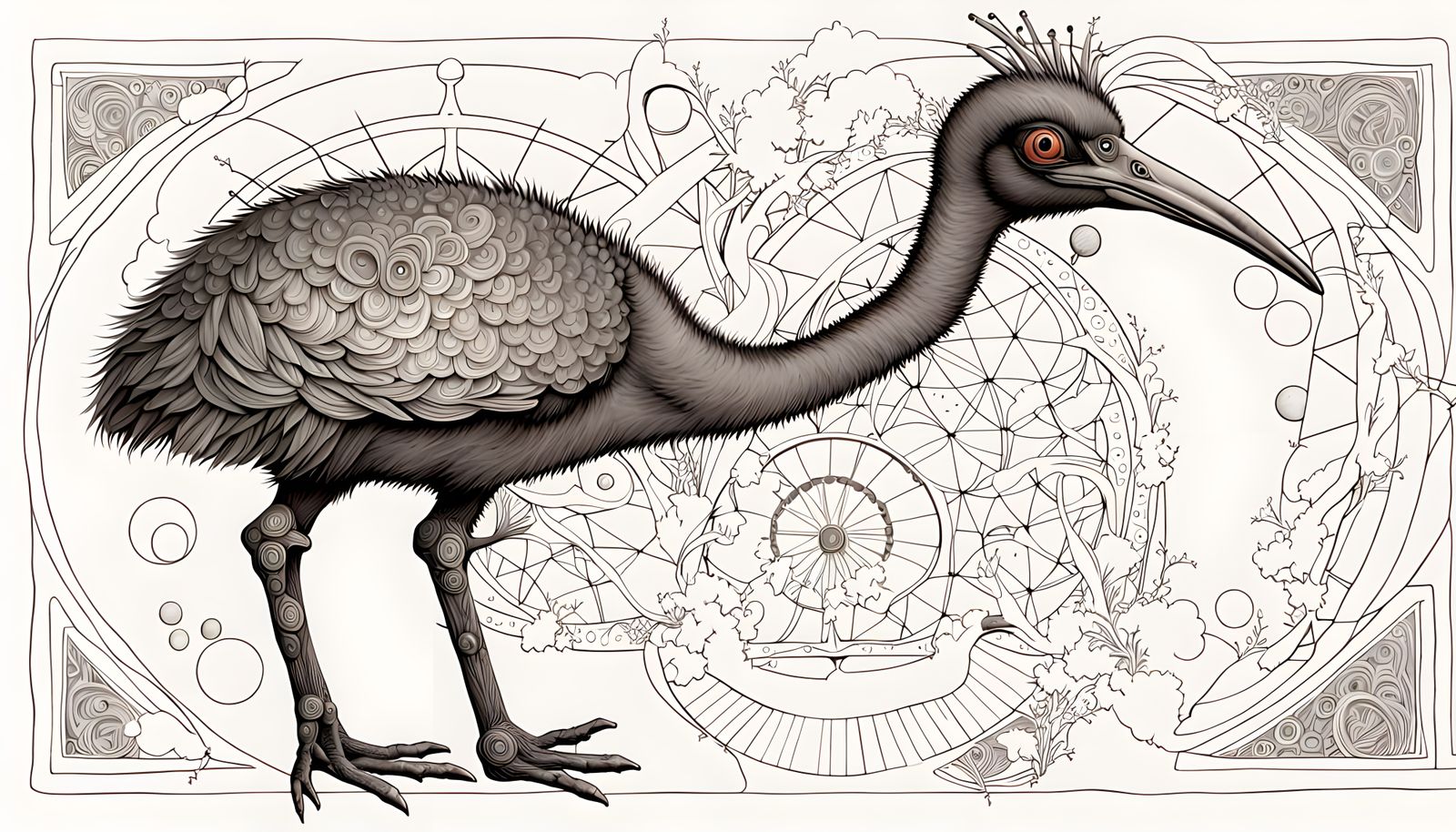 Surreal Cassowary Encounter in Diagrammatic, Druidic Art