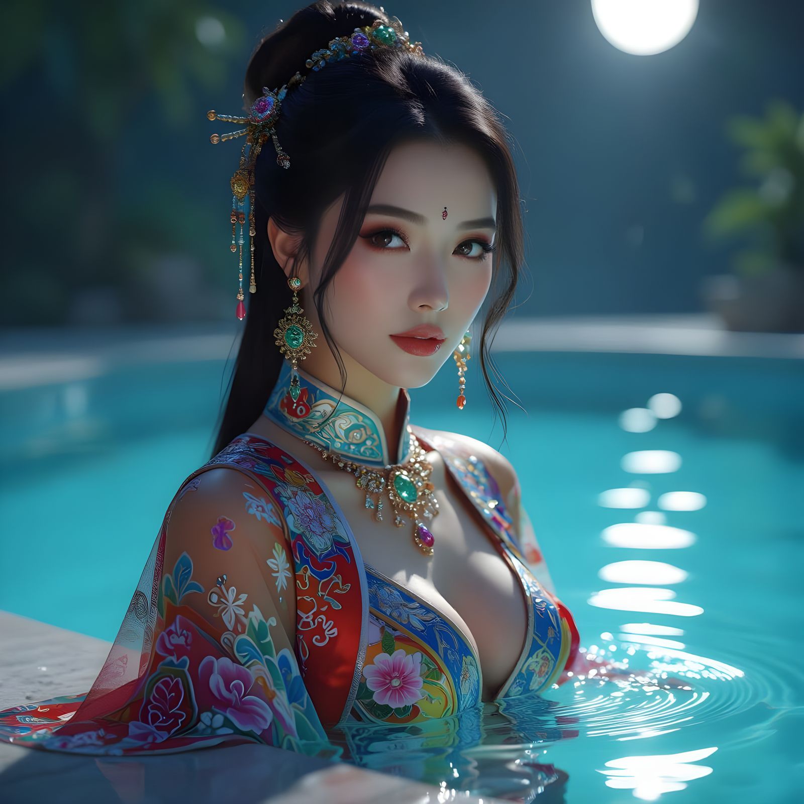 Beautiful Chinese Woman in Futuristic Attire by Moonlight