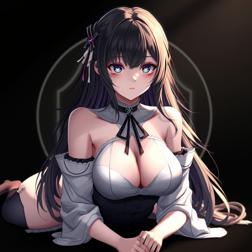 Young Anime-Inspired Woman in Leather Harness, Dark Hair, on...