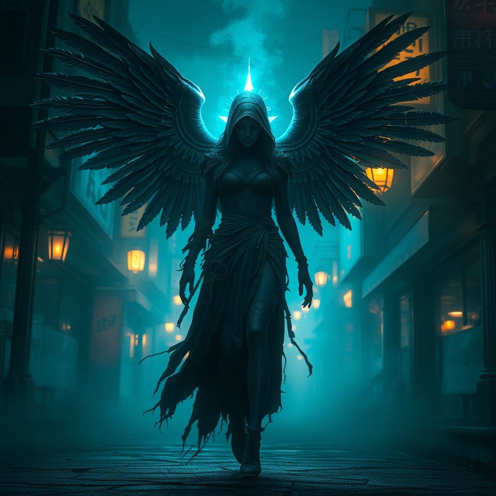 Majestic Dark Angel in Neon-Lit Street