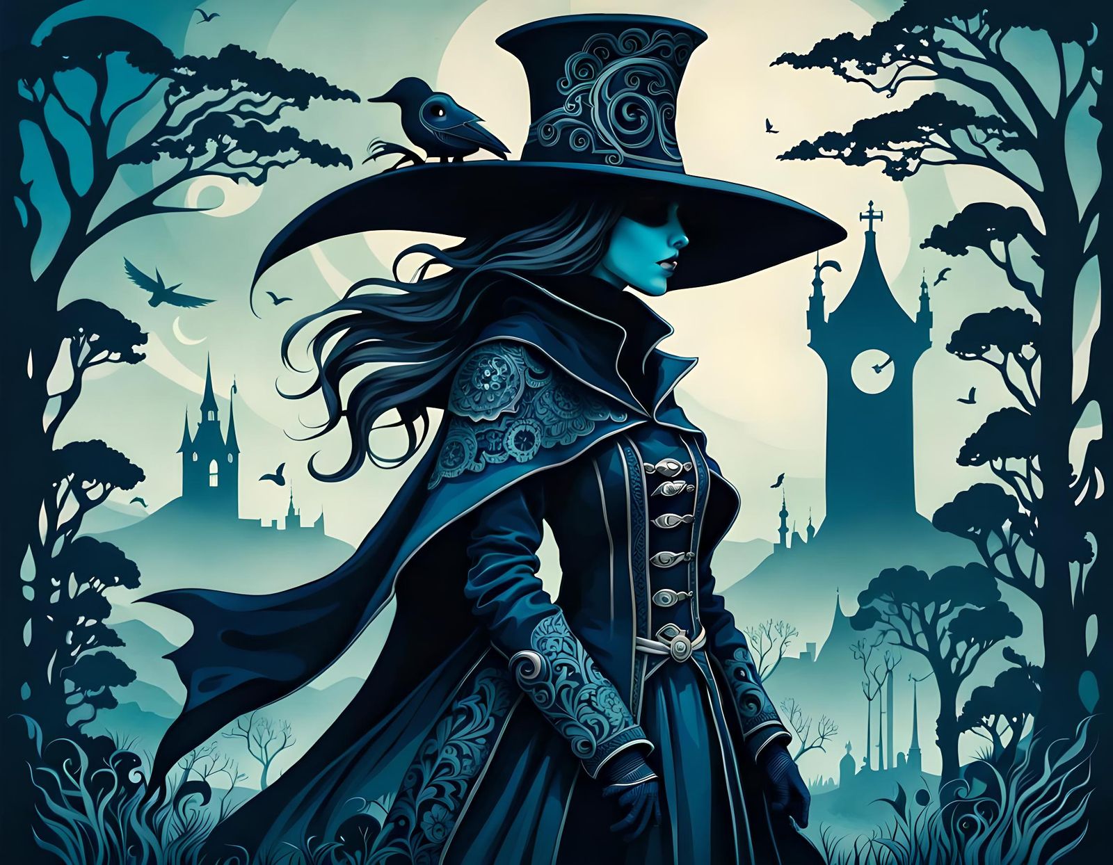 Fantasycore Plague Doctor in Cyanotype Landscape