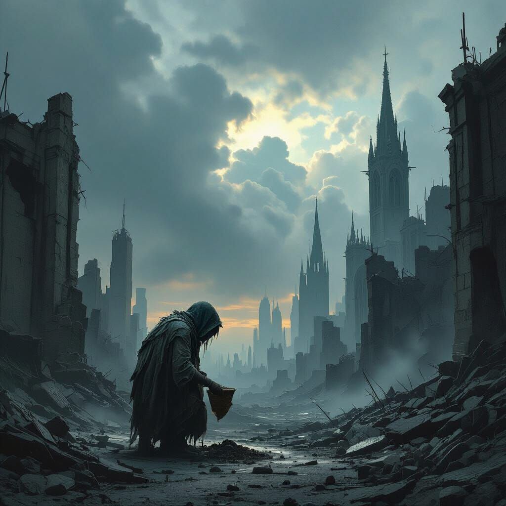Scavenger in Ruined City Under Twilight Sky
