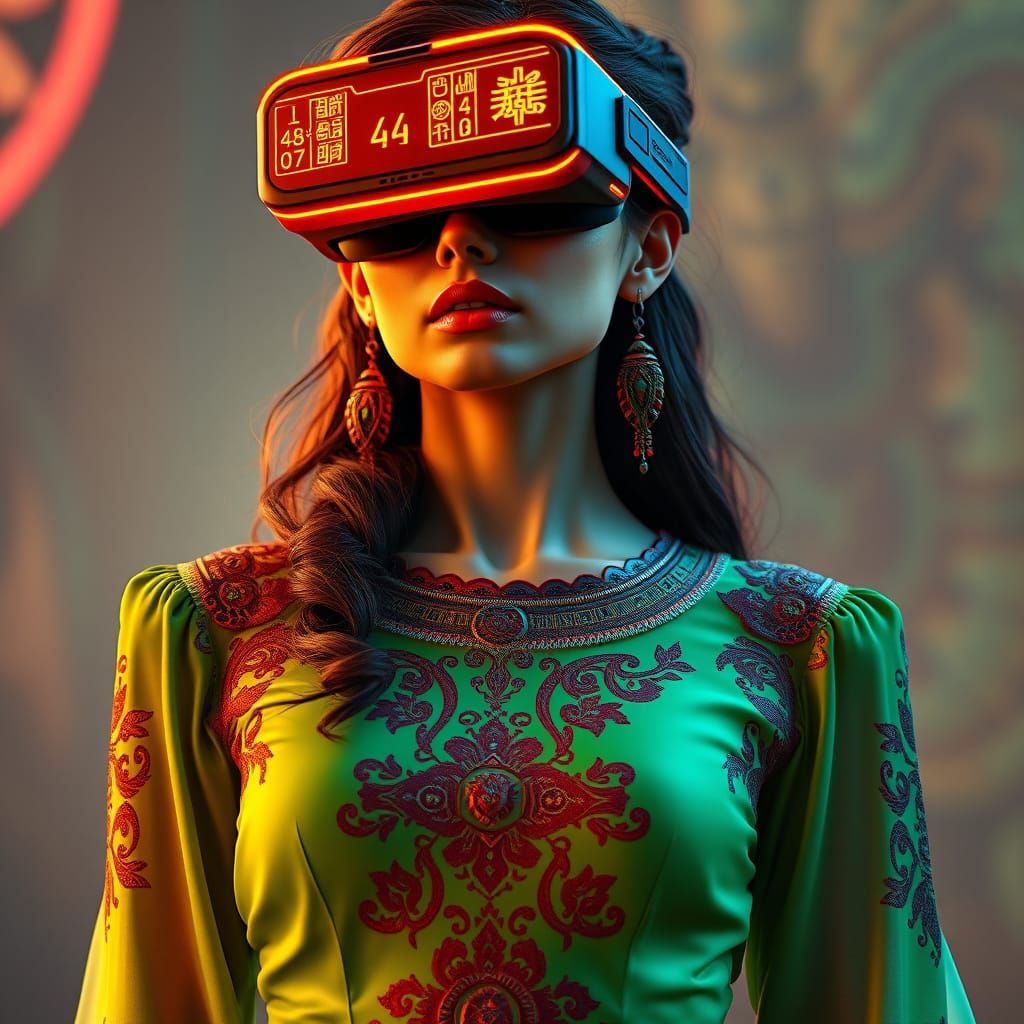 Woman in VR Glasses with Mayan Code