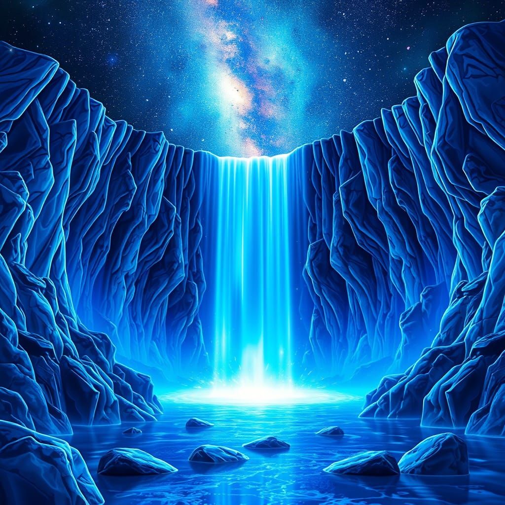 Galactic Waterfall in Neon Blue Holographic Style