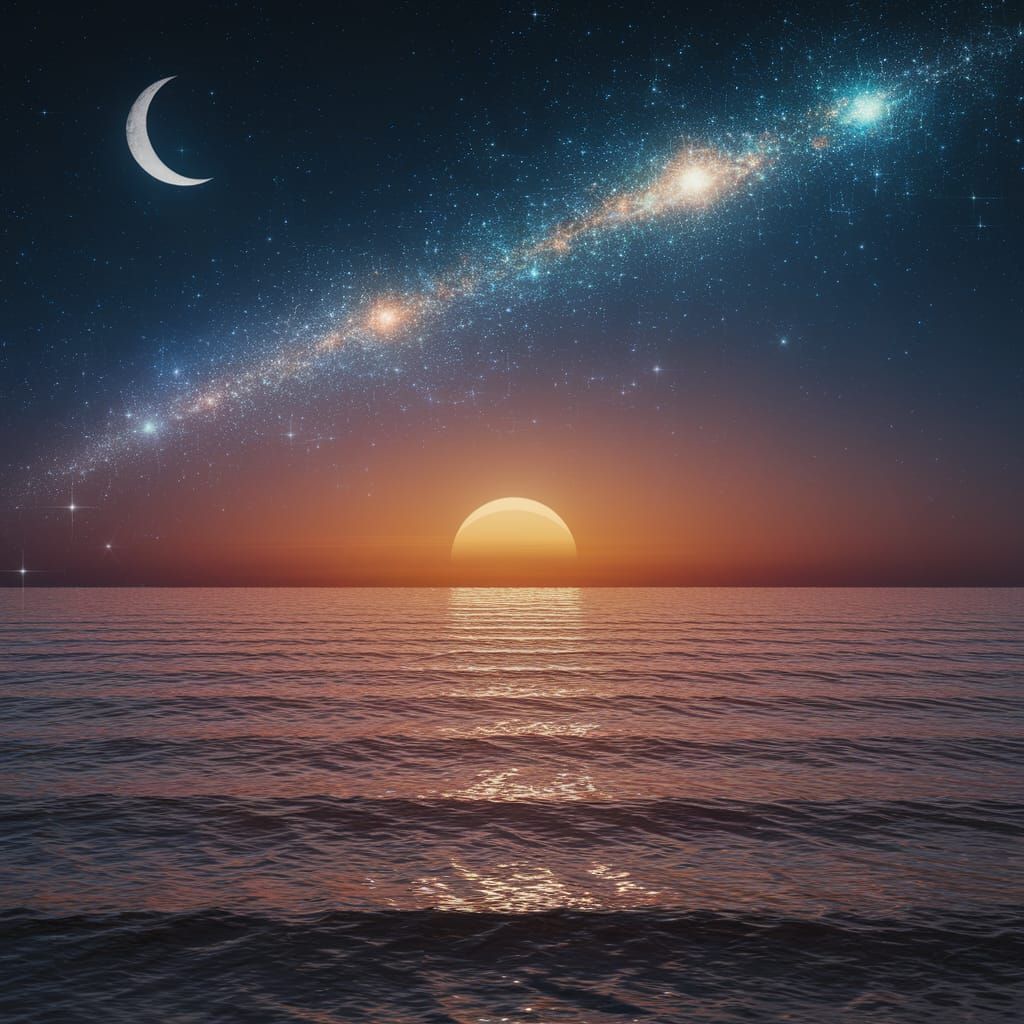 Cosmic Sunset with Crescent Moon and Stars