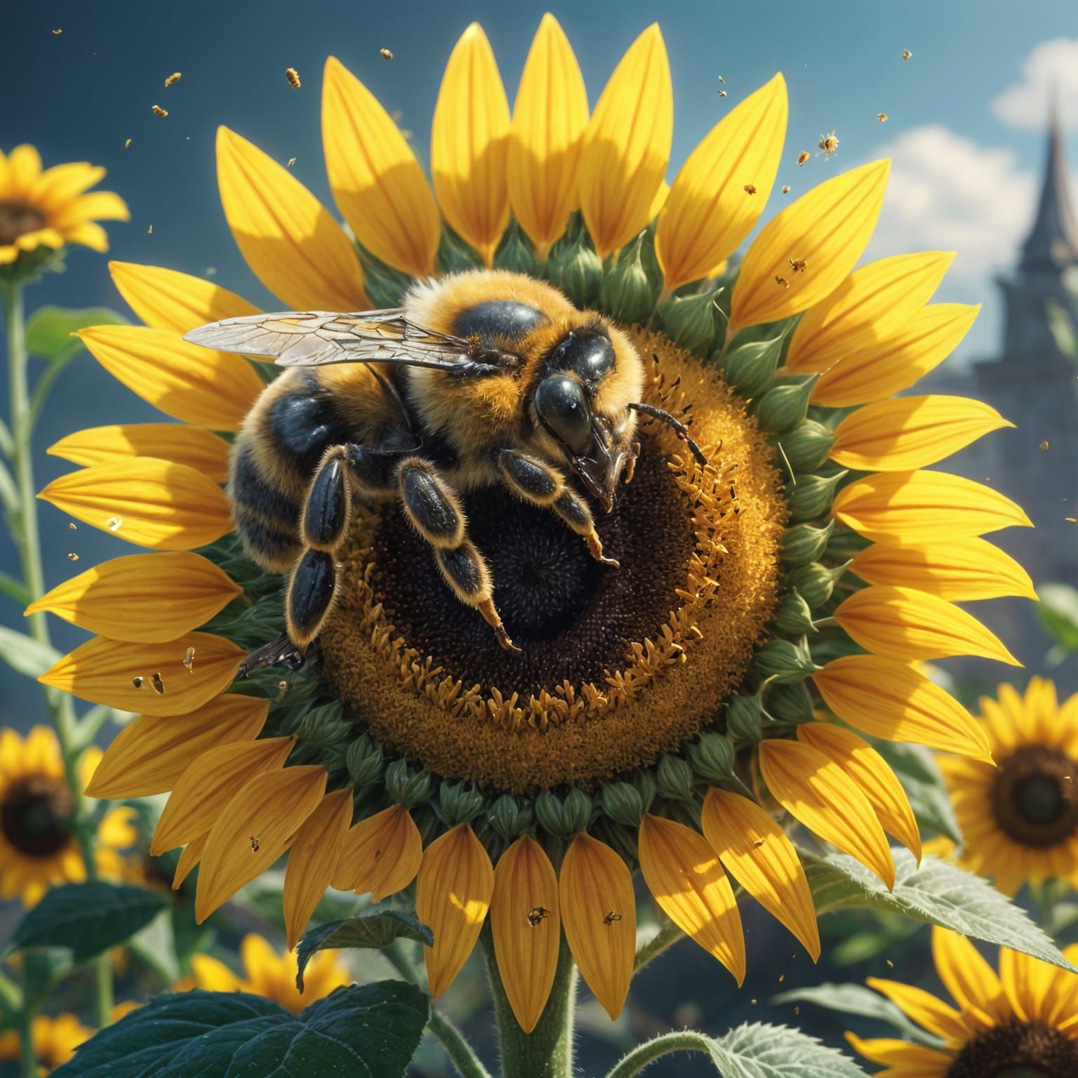 Whimsical Bumblebee in a Fantastical Sunflower Oasis