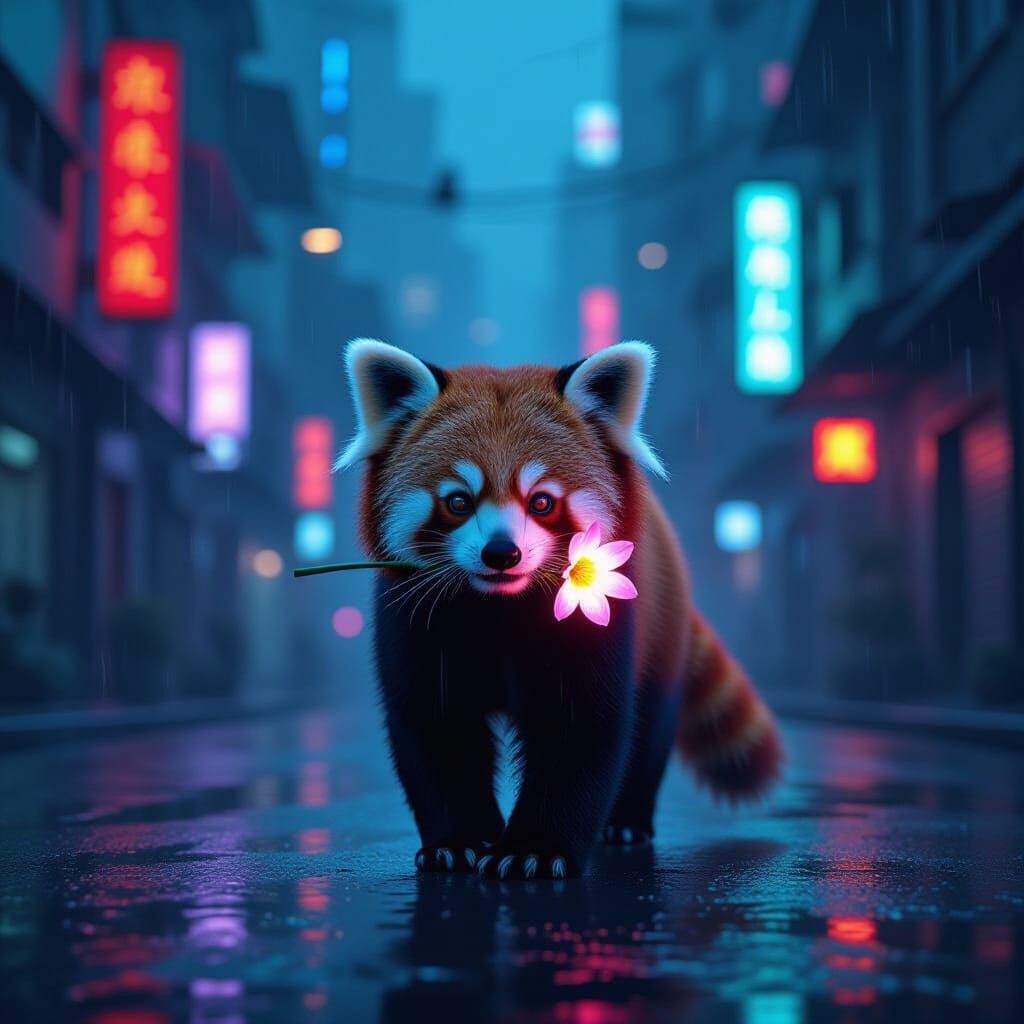Red Panda Illuminates Dark Cyberpunk City with Glowing Flowe...
