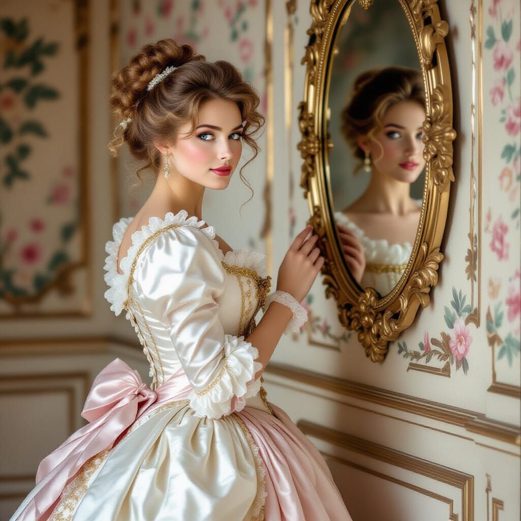 Elegant Lady in Gown Gazing in Mirror