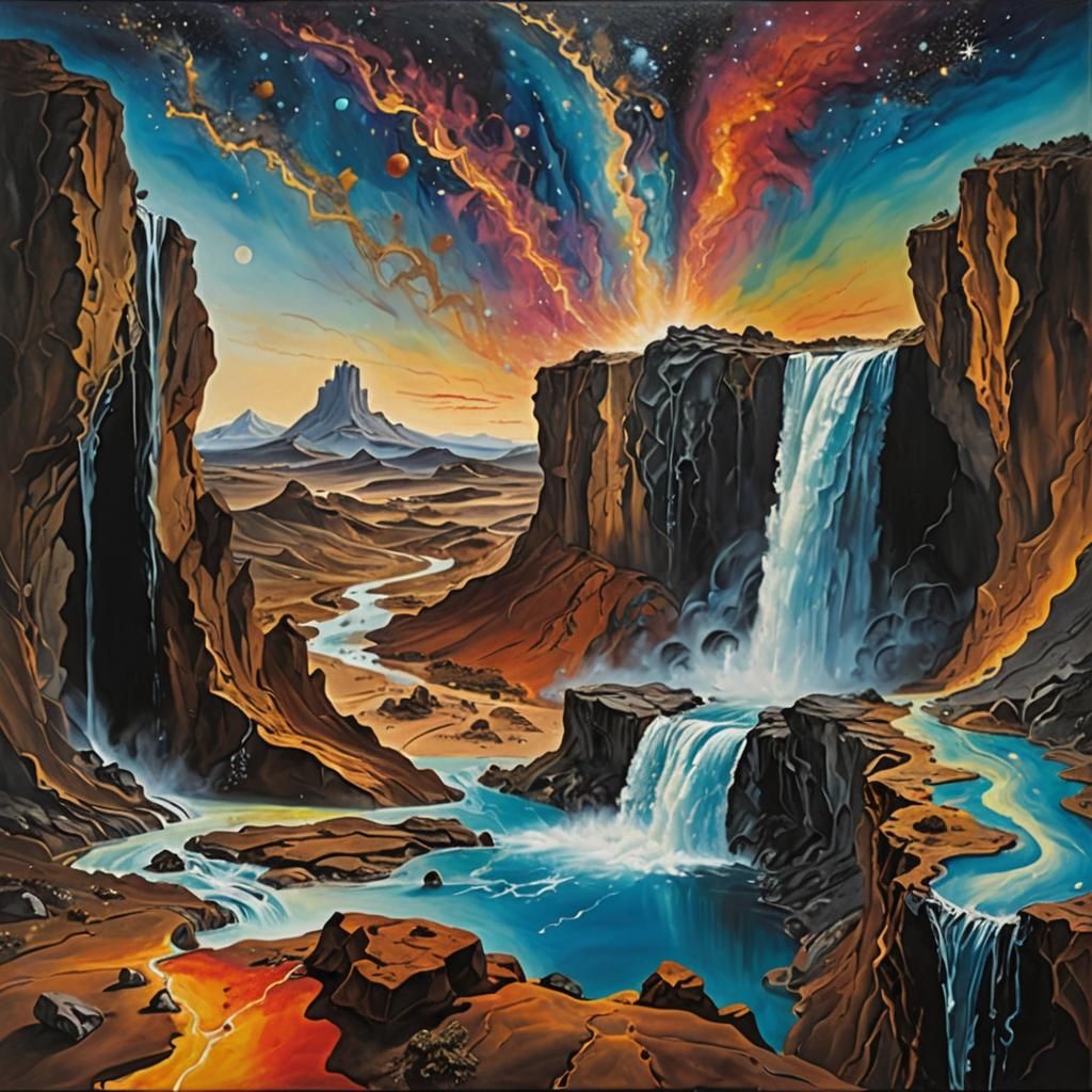 Surreal Galaxy Waterfall in Melting Oil Style