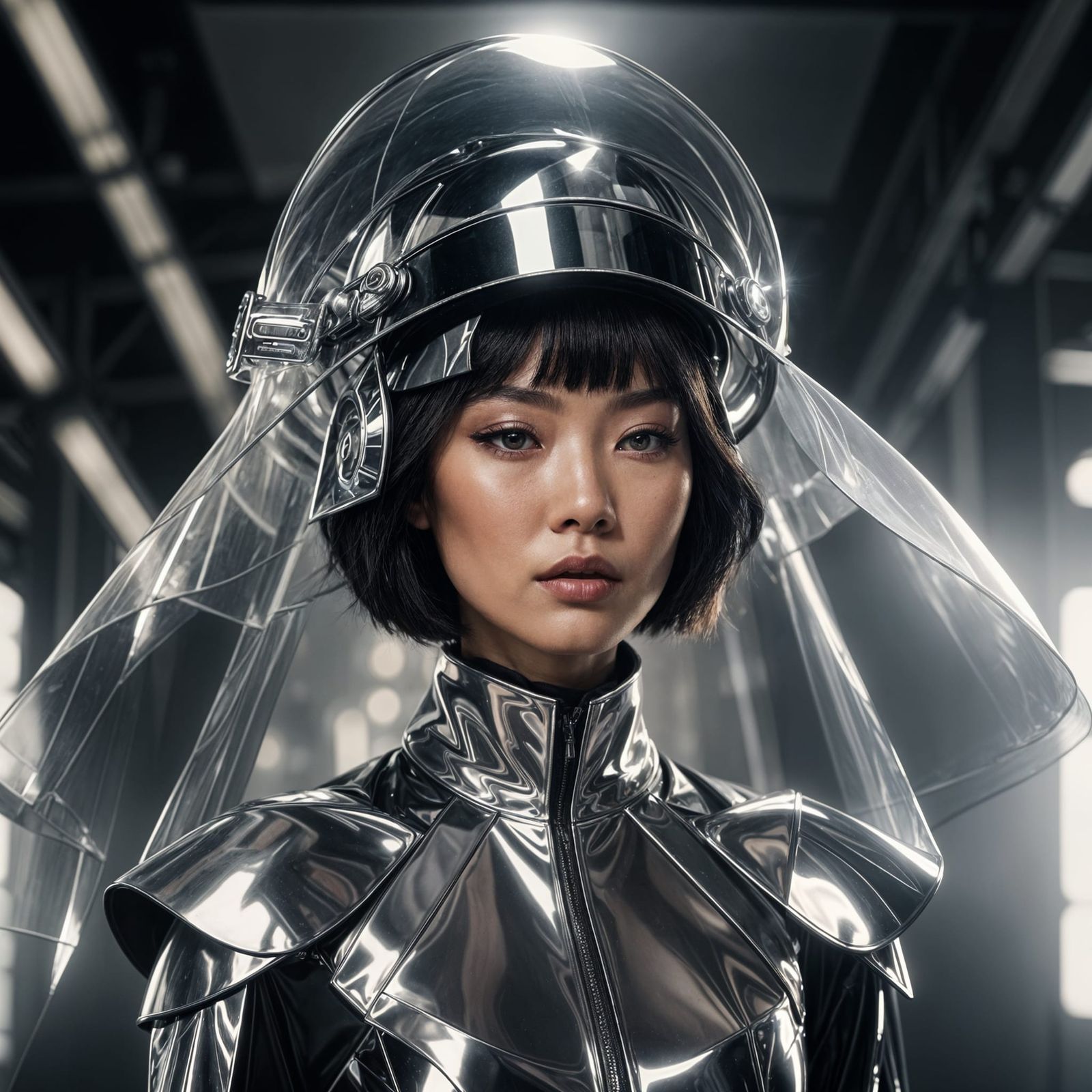 Asian Woman in Avant-Garde Fashion with Helmet