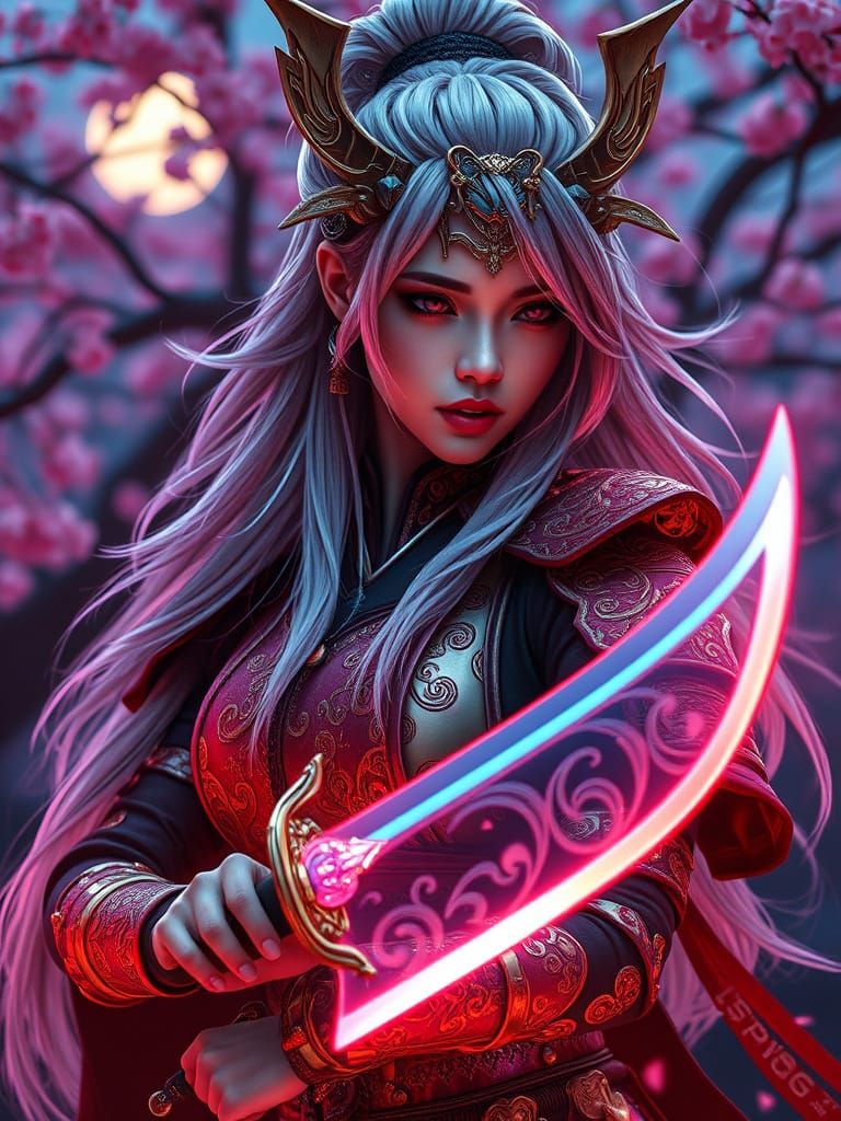 Cyberpunk Samurai Warrior in Japanese Cherry Blossom Garden