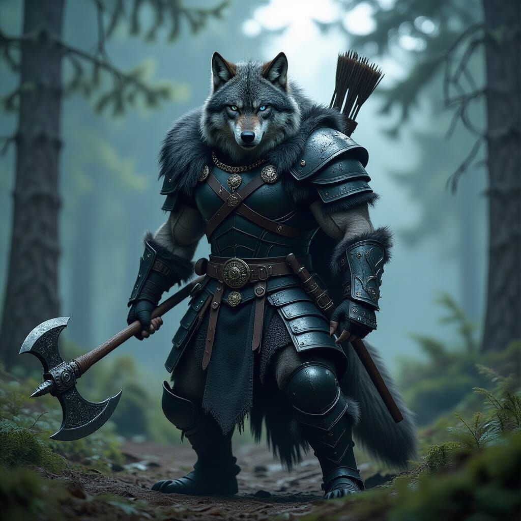 Hulking Wolf Warrior in Forest, Cinematic Film Still