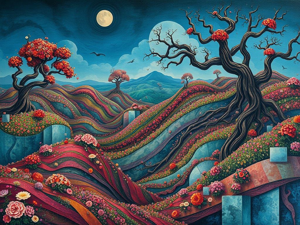 Surreal Hillscapes with Impossible Geometry and Vibrant Bloo...