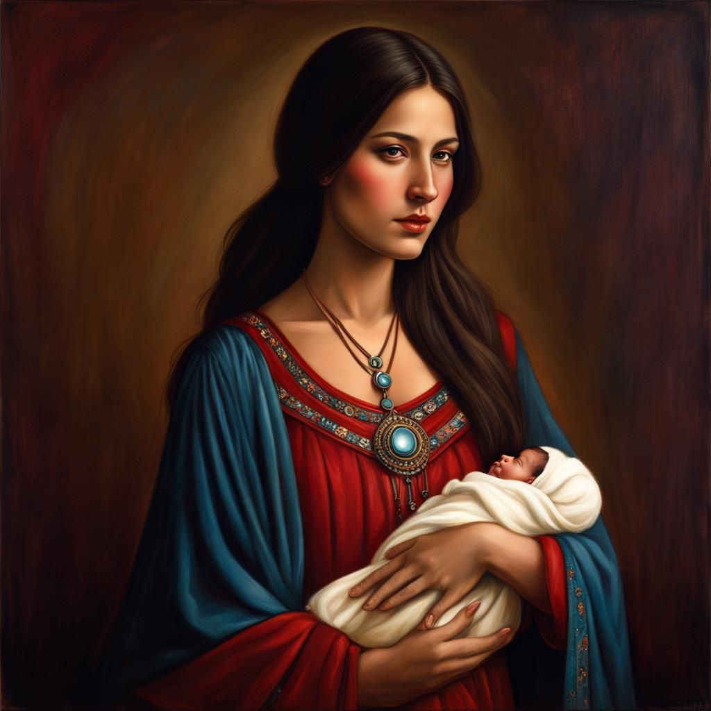 Ethereal Portrait: Young Woman with Newborn in Medieval Sett...