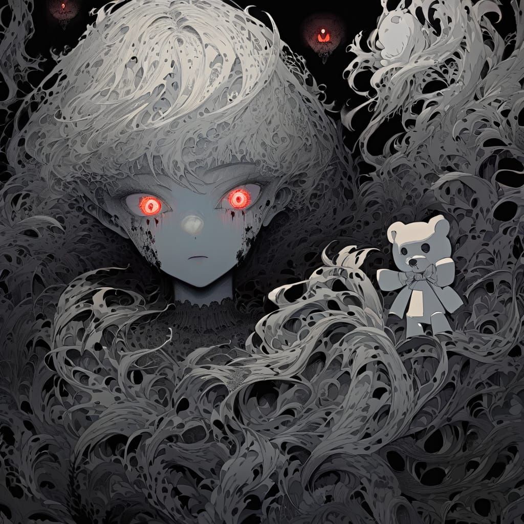 Surreal Oil Painting of Kawai Girl with Creepy Teddy Bear