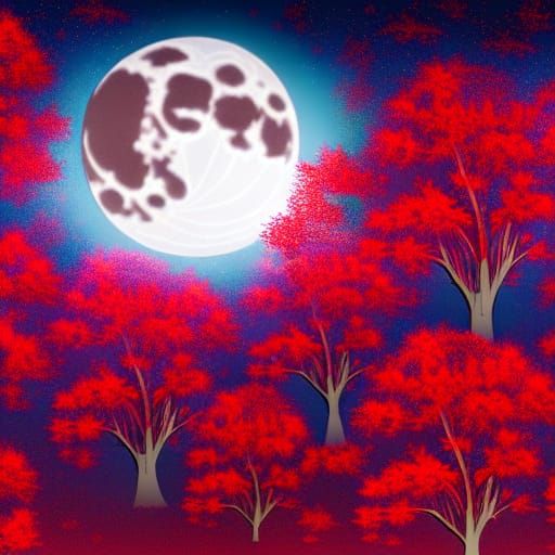 Glowing Moon Illuminates Red Forest