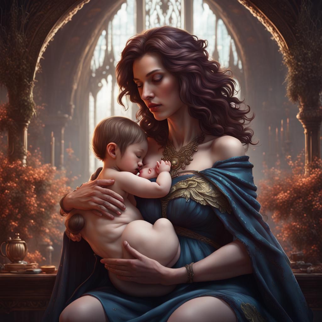 Detailed Painting of Breastfeeding Mother