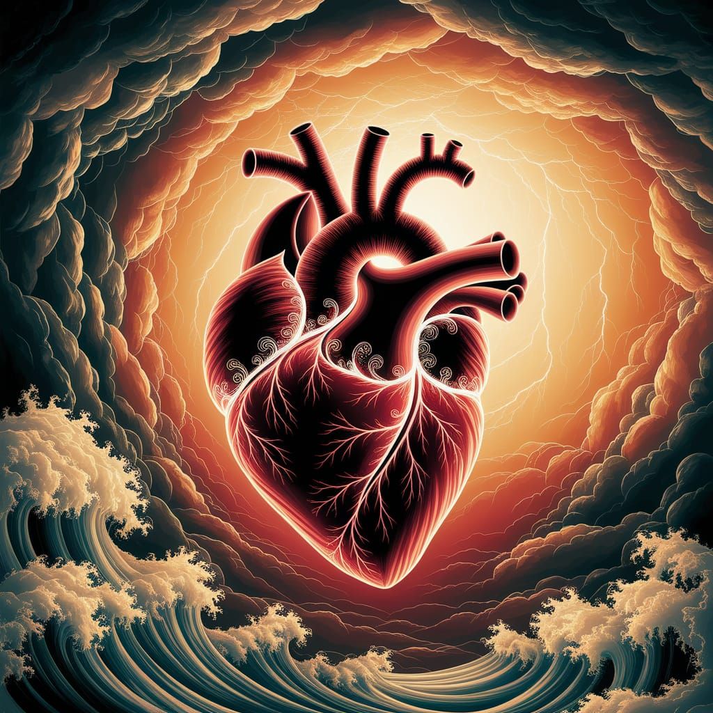 Surreal Heart Glows in Neo-Expressionist Stormy Sky