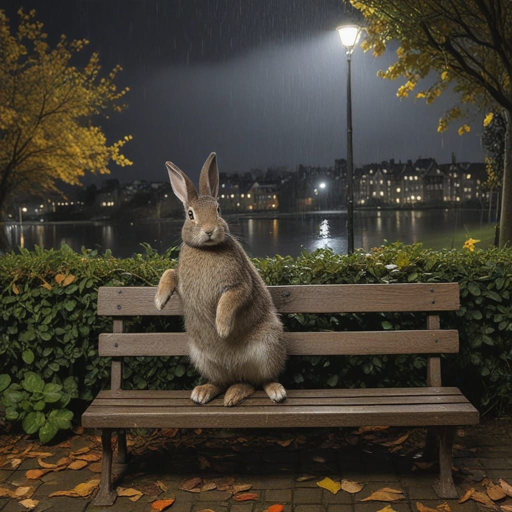 Whimsical Autumn Night Scene with Rabbit on a Wet Bench