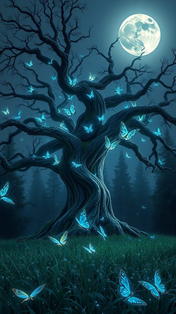 Majestic Tree in Lunar Glow with Butterflies and Ethereal Li...