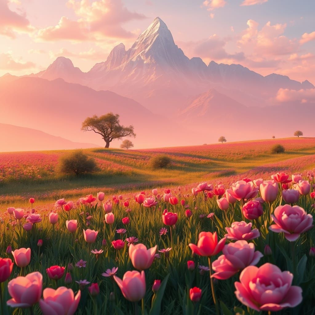 Luminous Mountain Landscape with Floral Accents