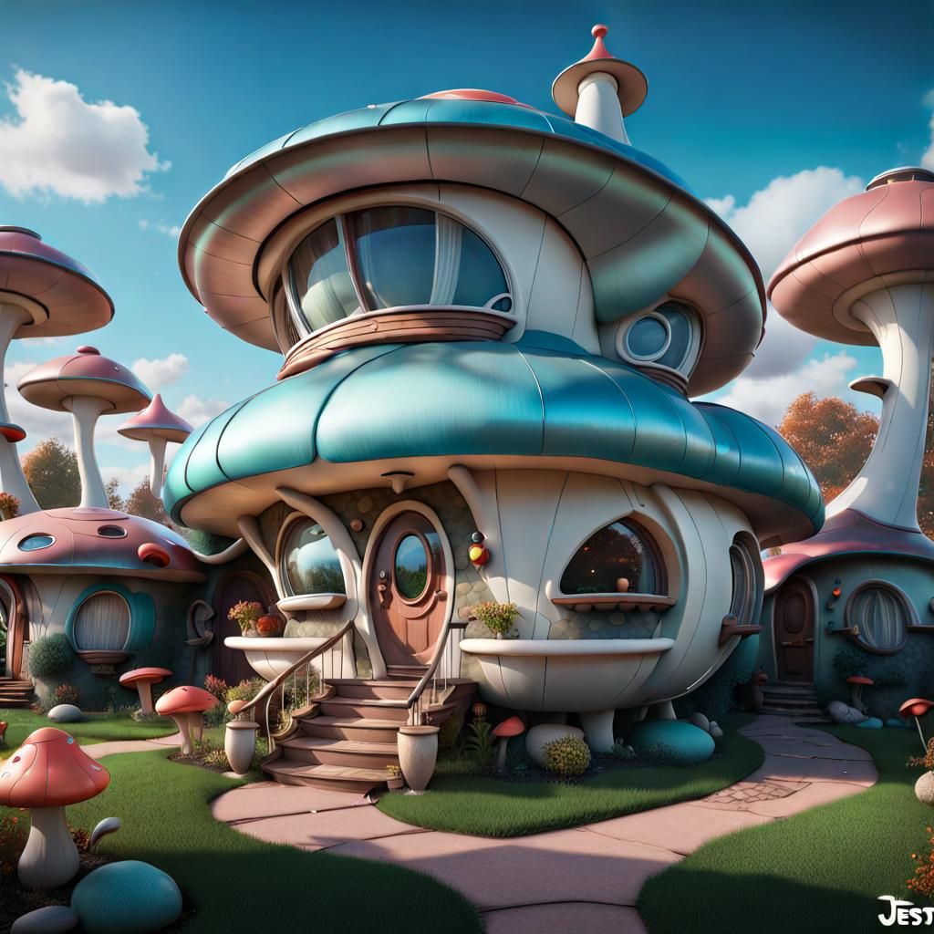 Futuristic Mushroom House in Cartoon Style, Hyperrealistic