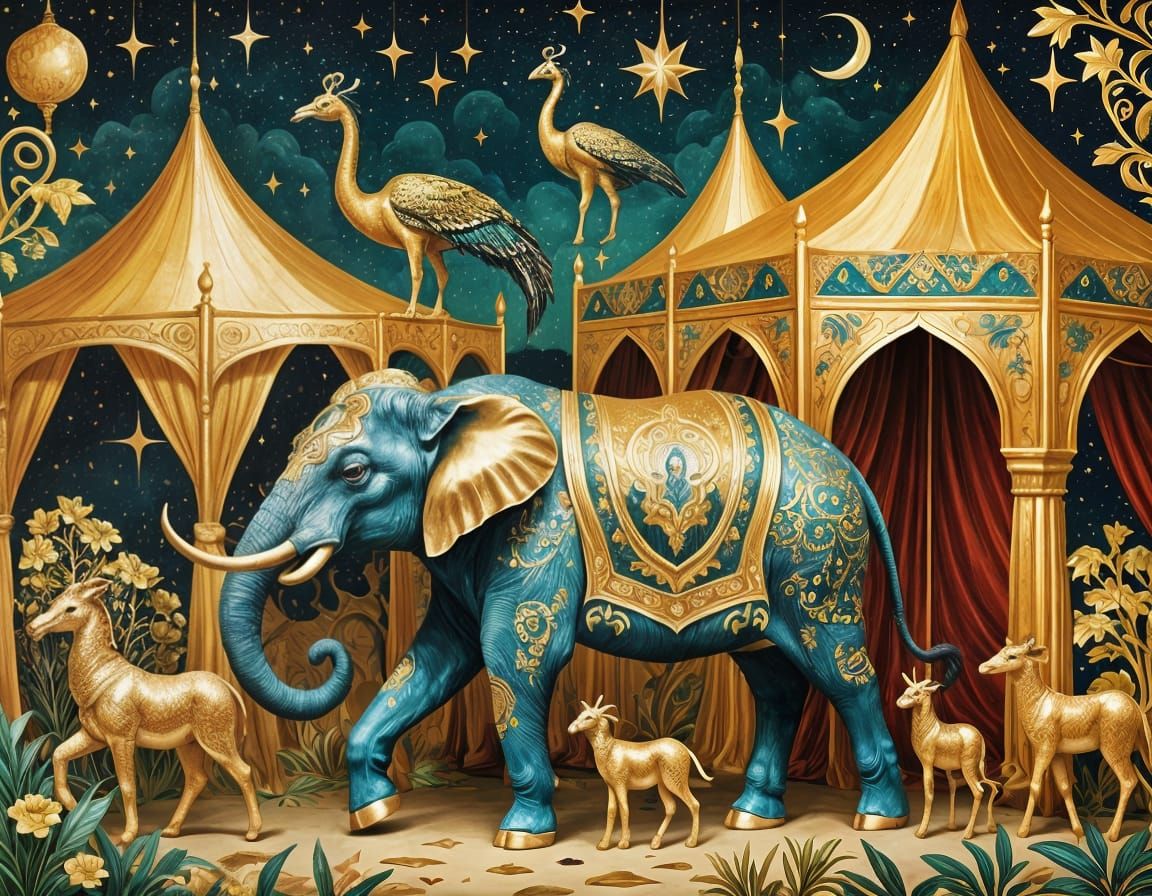 Surreal Circus Procession in Klimt-Inspired Tent