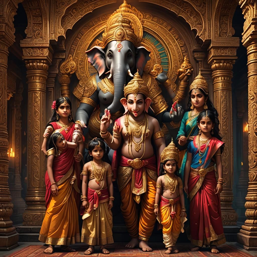 Ganesha with Family in Ornate Temple: Hyperrealistic Art