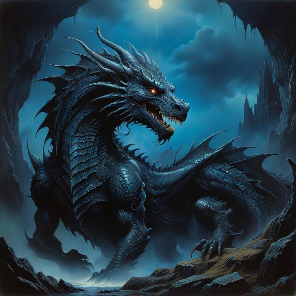 Majestic Dark Fantasy Black Dragon Unleashes Fiery Storm