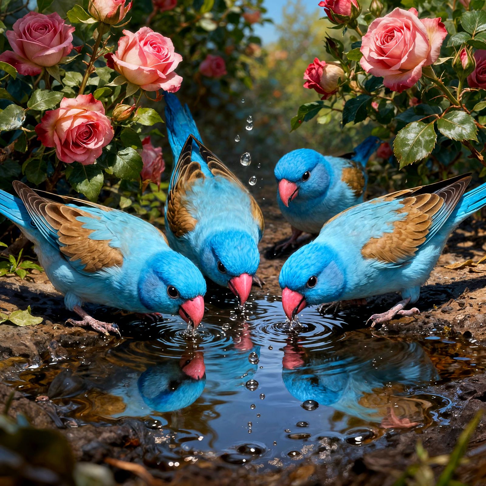 Blue-Capped Finches Drink From Puddle Amidst Rose Bushes