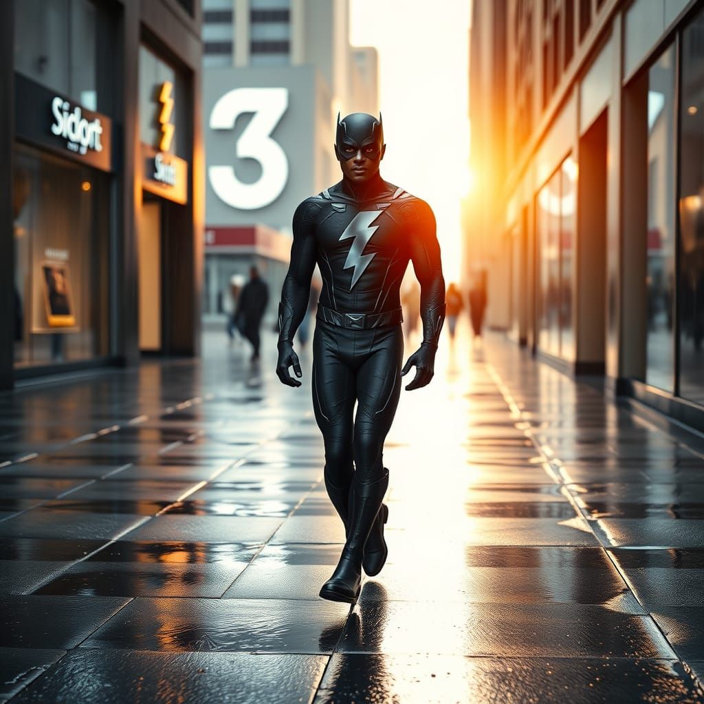 Black Lightning Hero Emerges from Rain in Hyperrealistic Sty...