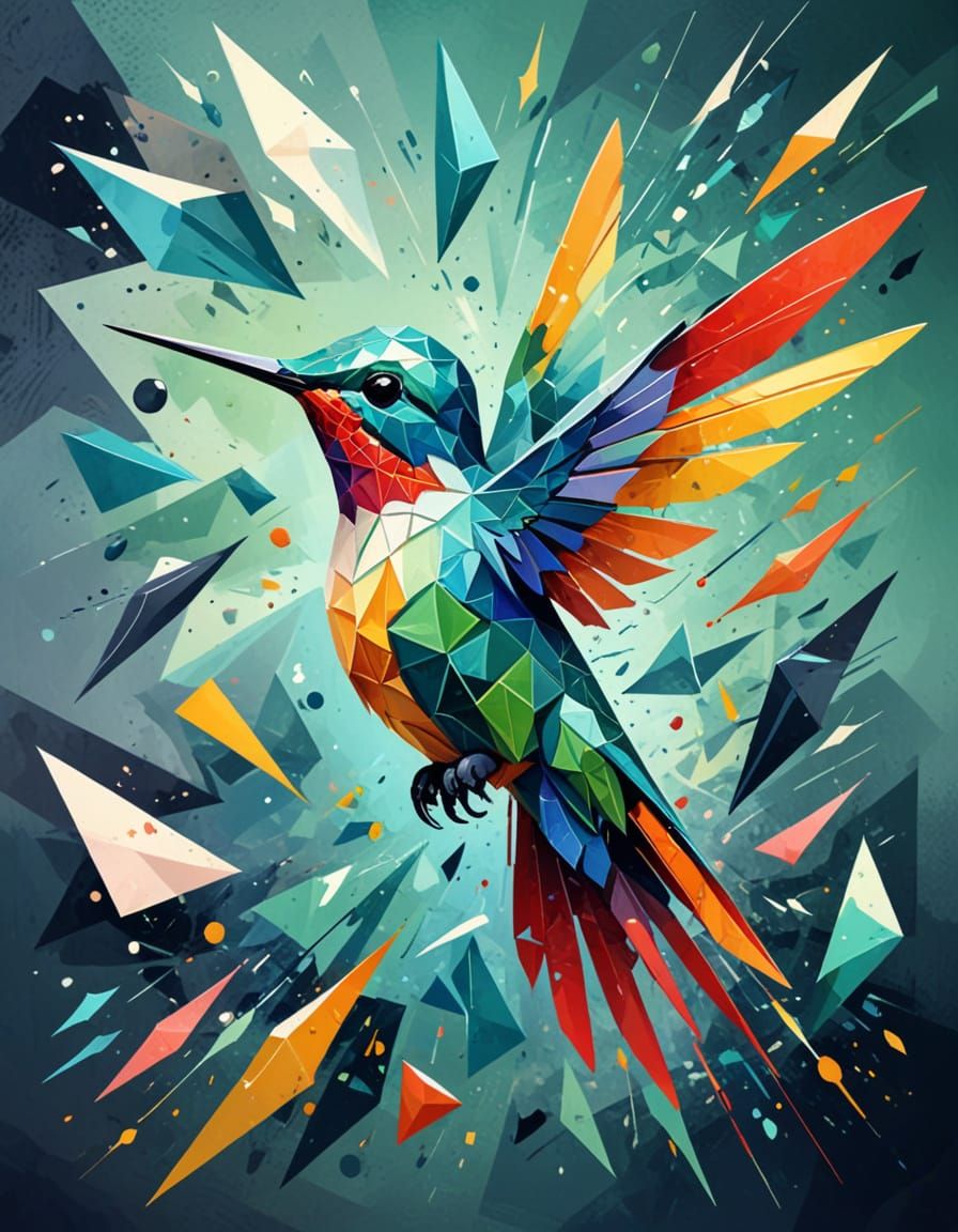 Whimsical Cubist Hummingbird in Art Deco Style