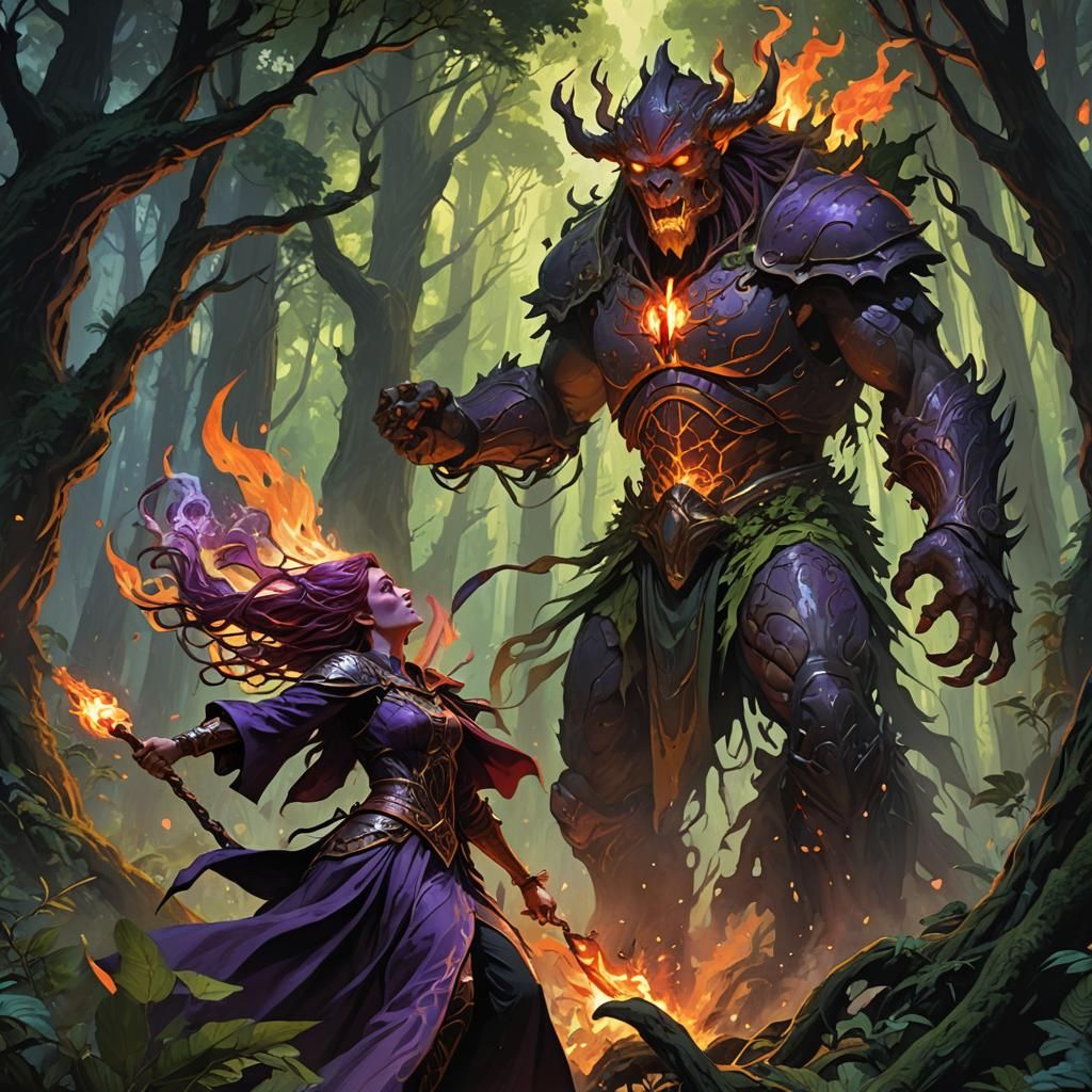 Fiery Sorceress vs Forest Golem in Dark Fantasy Style