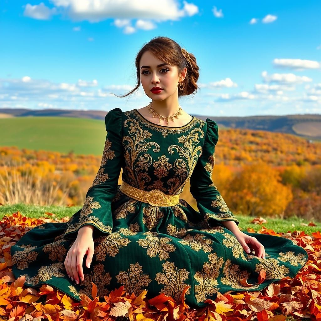 Elegant Woman in Ornate Green Dress Amidst Autumn Landscape