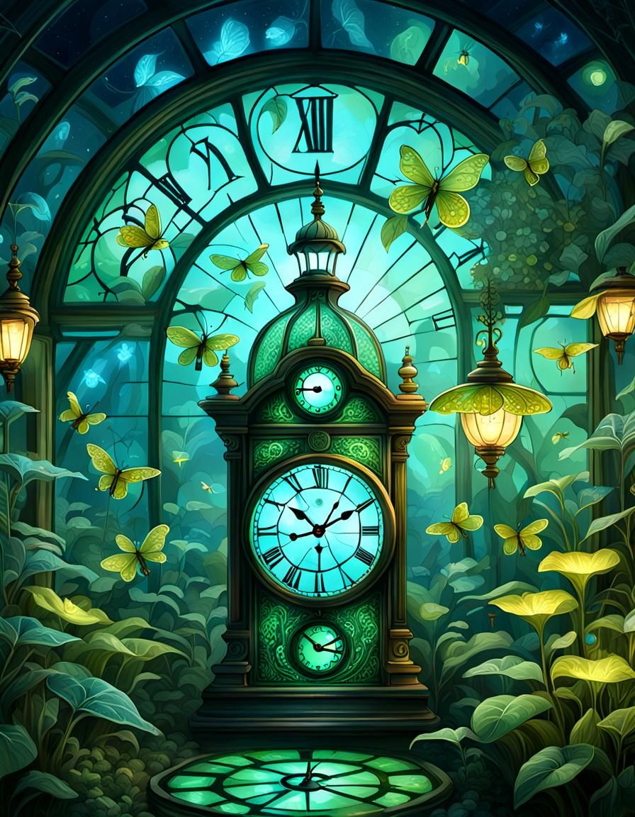 Enchanted Clock in Greenhouse with Fantasy Art Style