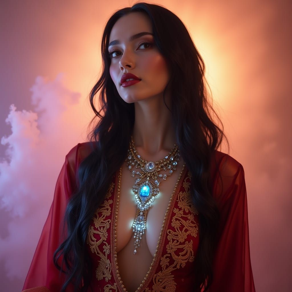 Ethereal Fantasy Goddess in Regal Robes with Golden Hues and...