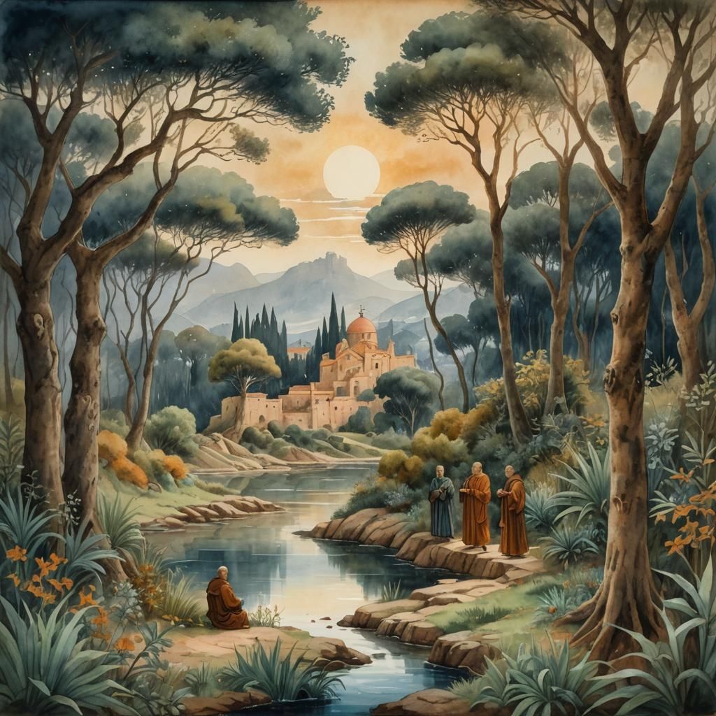 Monks Debate Theology on Lerins Island: Watercolor Oil Paint...