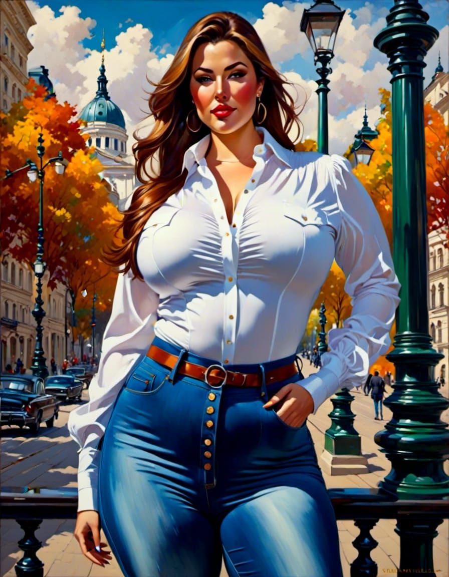 European Businesswoman in Frankfurt Cityscape, Oil Painting