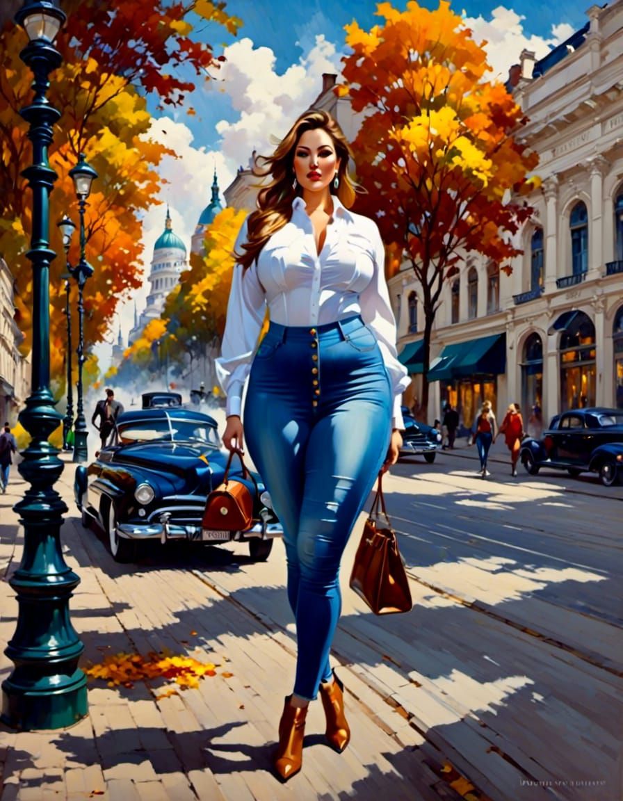 European Businesswoman in Frankfurt: Oil-Guache Painting