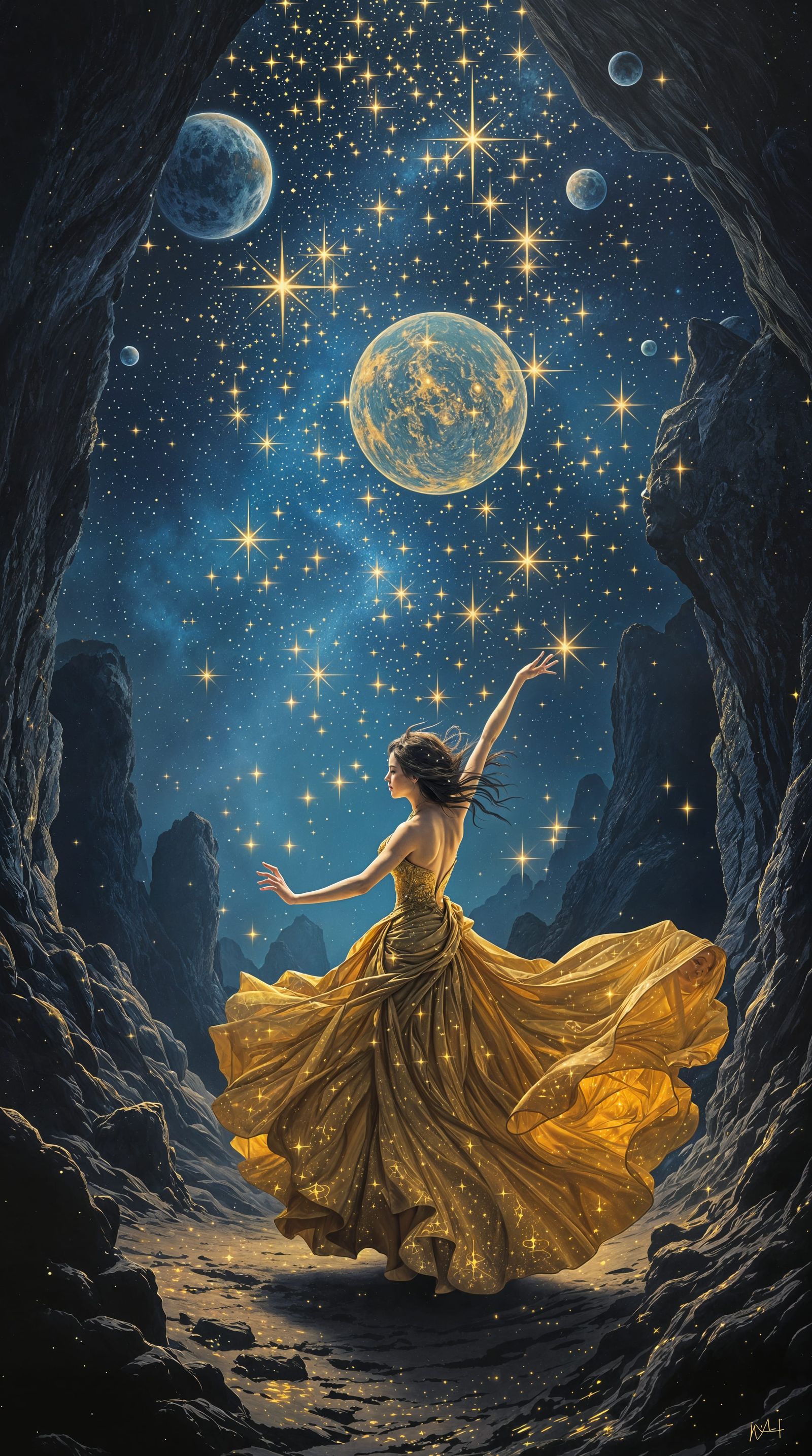 Golden Goddess Twirls Amidst Starry Skies