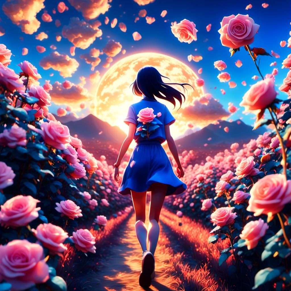 Woman in Rose Field: Anime Art Style