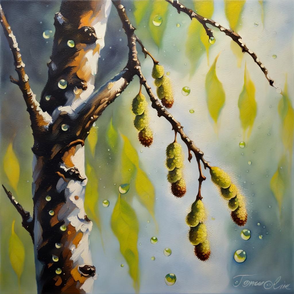 Alder Branch Catkins in Spring Haze: Oil Painting