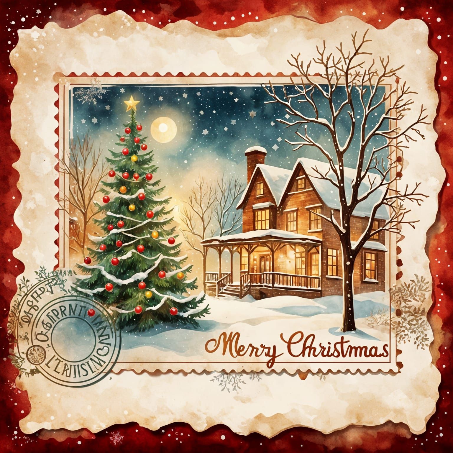 Vintage Merry Christmas Postcard Illustration