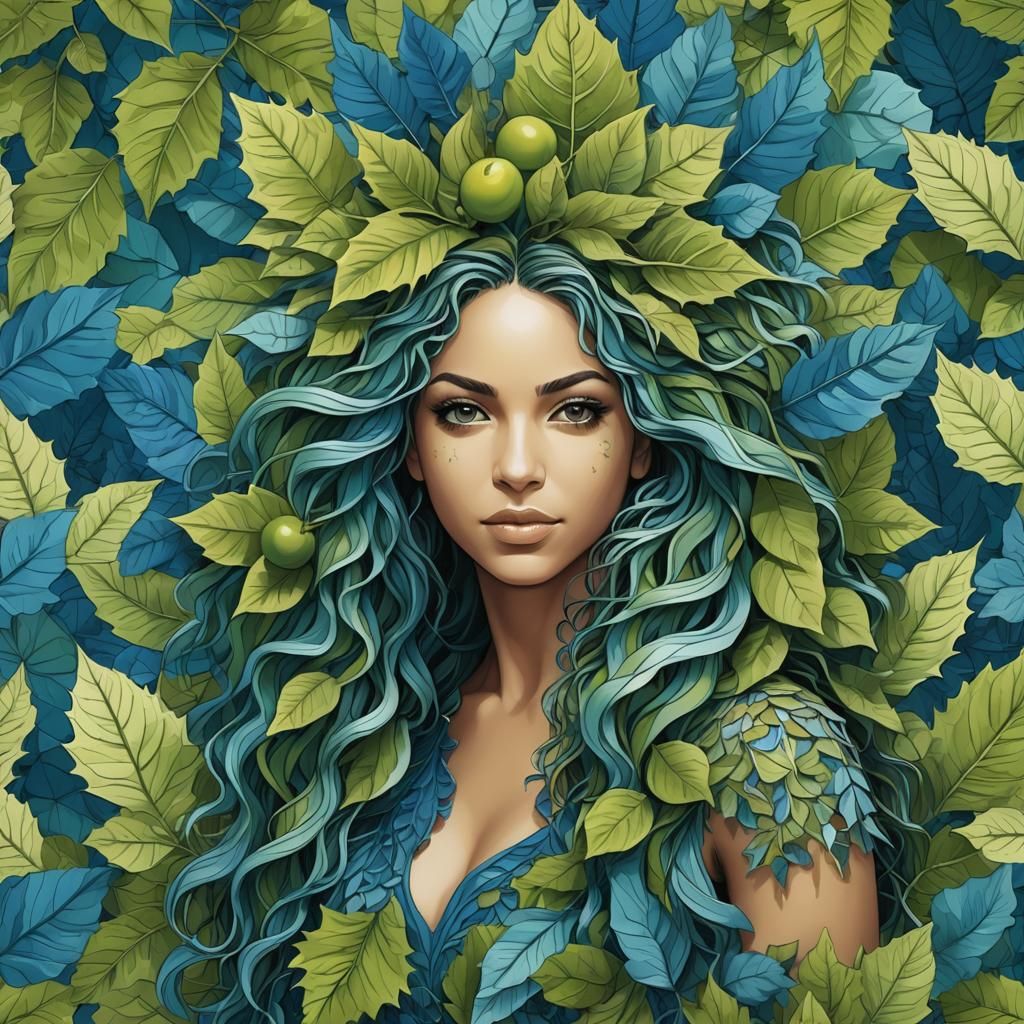 Leaf Adorned Woman Portrait in Abstract Style