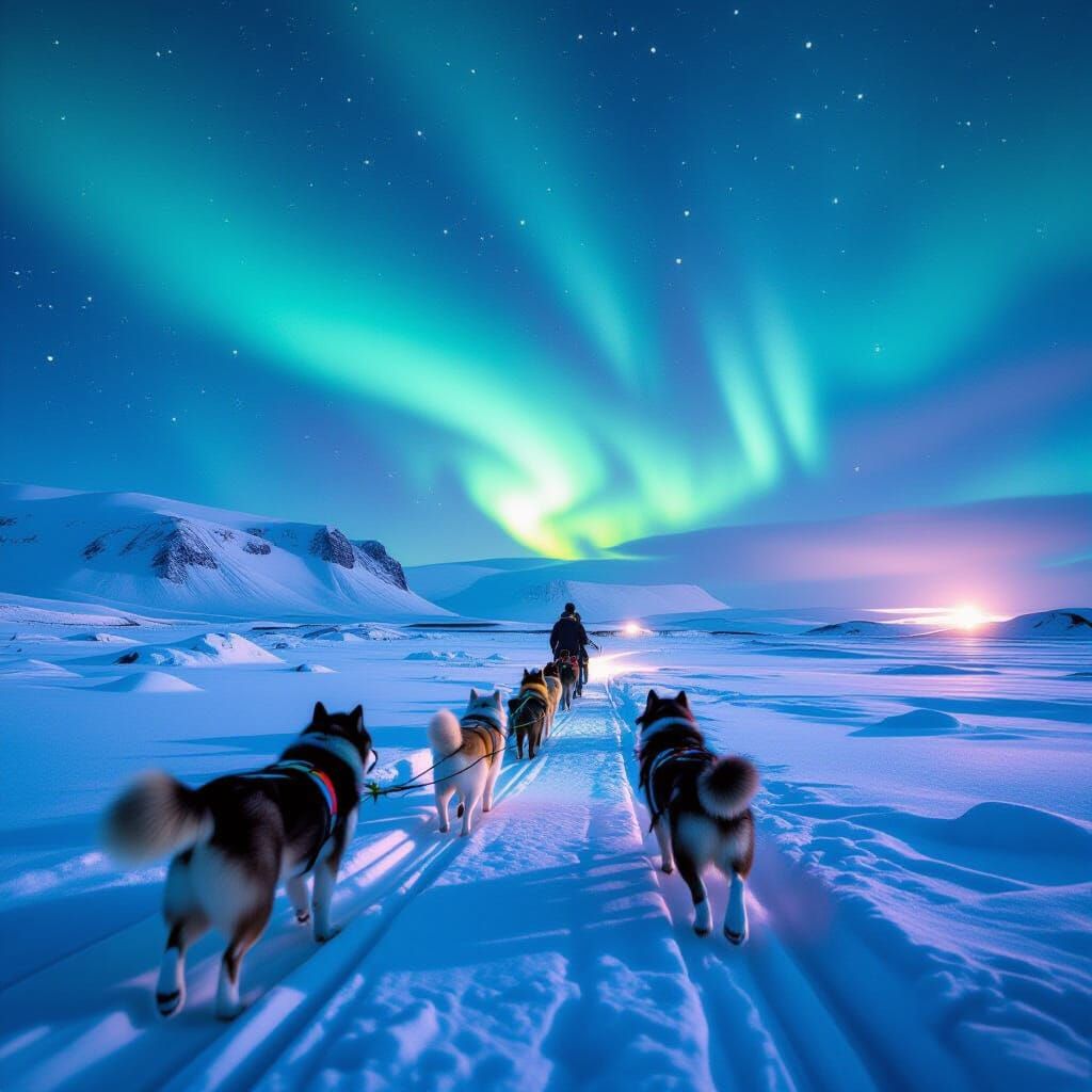 Sled Dogs Pulling Sled Under Iceland Northern Lights