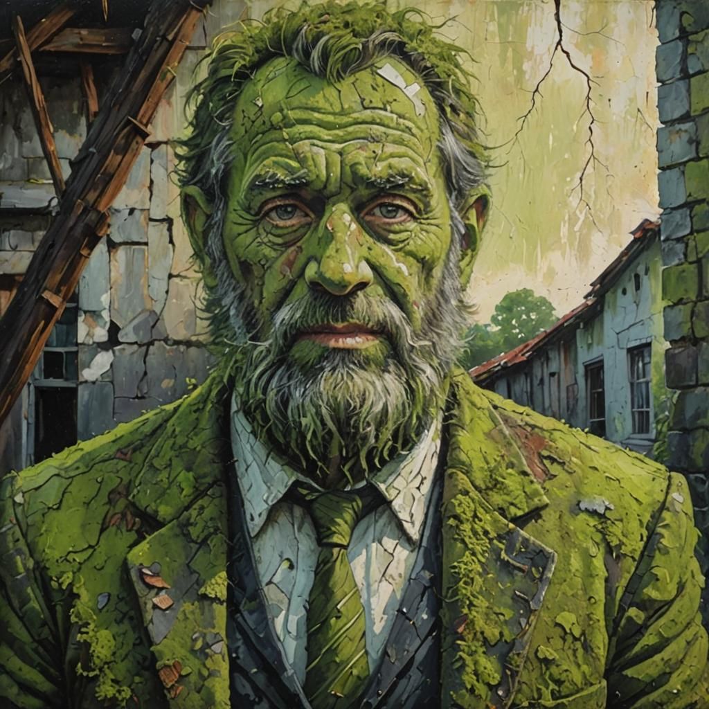 Decaying Moss-Covered Building in Acrylic Impasto Style
