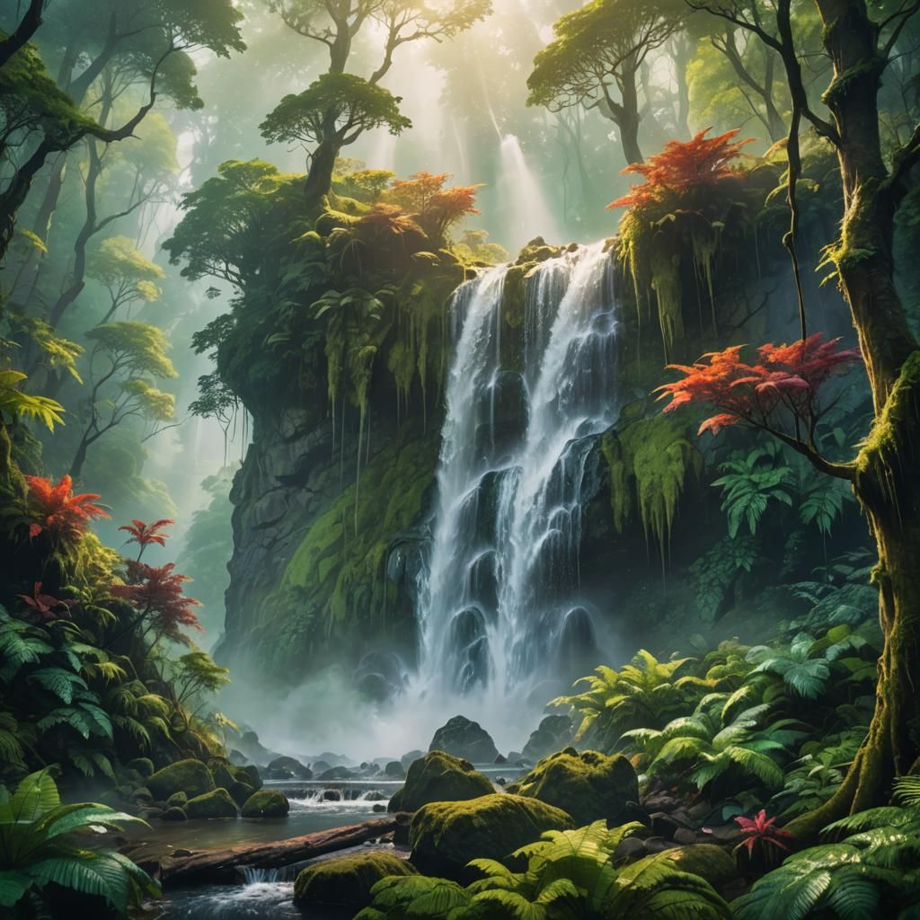 Lush Forest Waterfall in Detailed Matte Painting Style