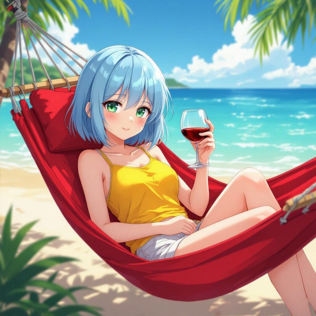 Anime Girl in Hammock on Beach, Anime Style