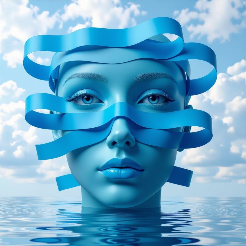 Surreal Female Face of Floating Ribbon Segments in Blue Tone...