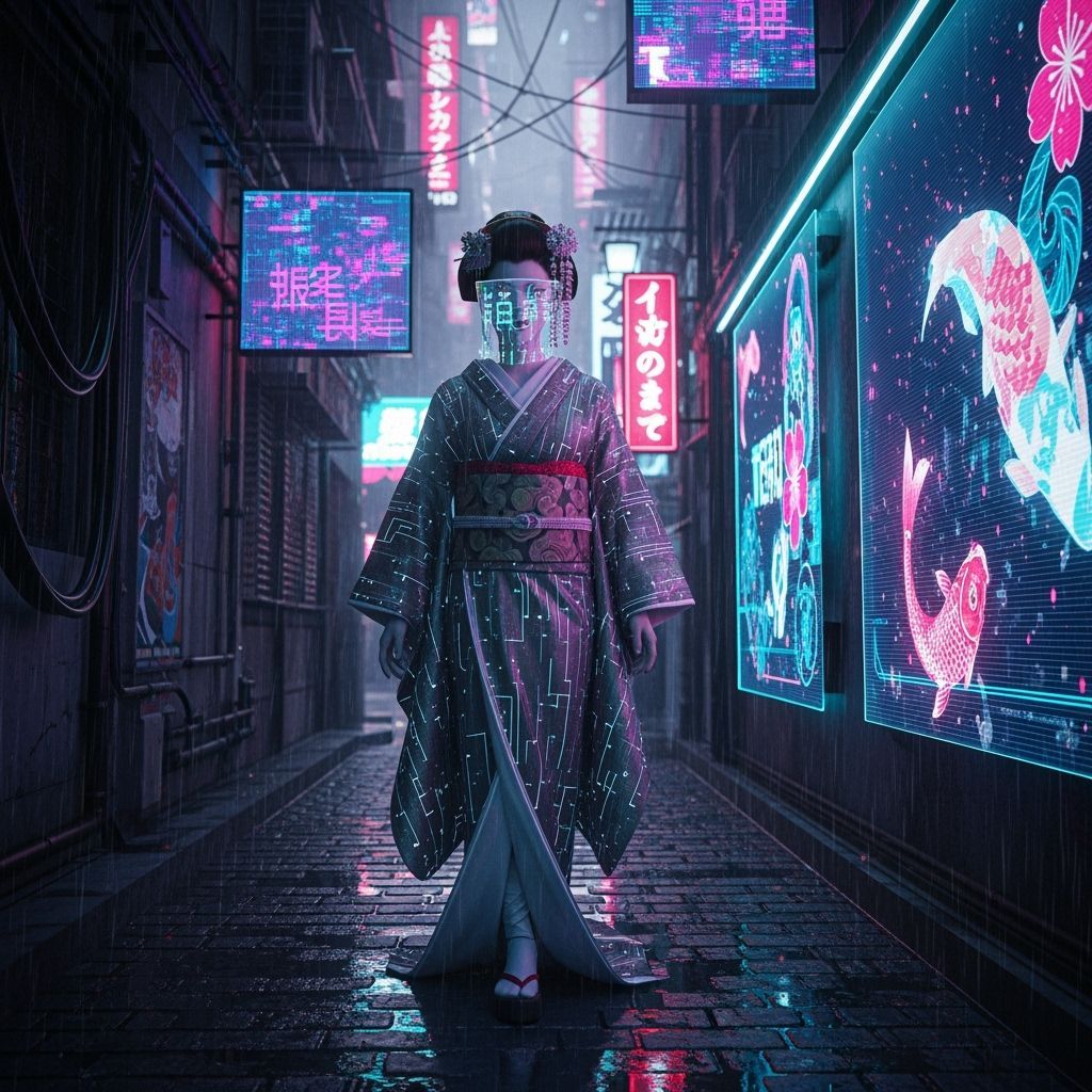 Futuristic Geisha in Neon Tokyo Alleyway